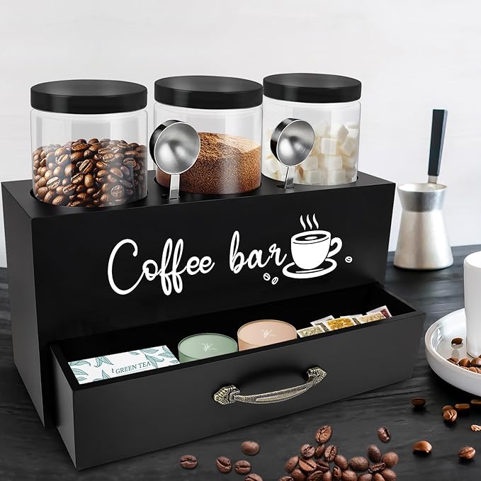 54 oz Coffee Canister Set with Shelf, Coffee and Sugar Container Set of 3 Canisters Sets for Kitchen Counter, Plastic Coffee Bean Storage Container with Scoop (Black - Drawer)
