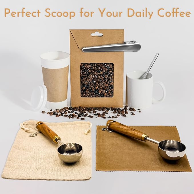 Coffee Scoop with Wooden Handle 2 Tbsp (30 ML) 304 Stainless Steel Measuring Tablespoon Scoop for Ground Coffee, Espresso, Tea, Protein Powder, Spices, etc. (6 Pack)