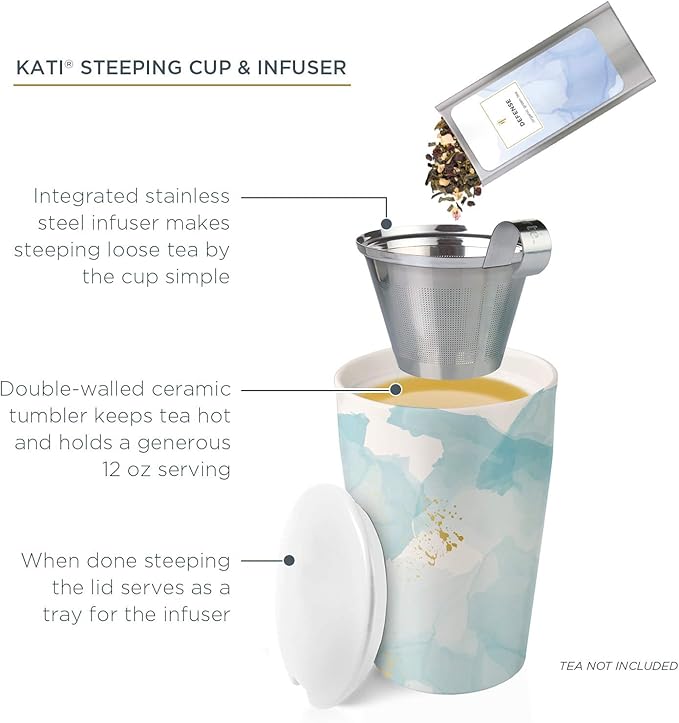 Tea Forte Double-Walled Ceramic Kati Cup, Removable Stainless Steel Infuser Basket and Lid, Steeps 12 oz Loose Leaf Tea, Dishwasher & Microwave Safe, Wellbeing