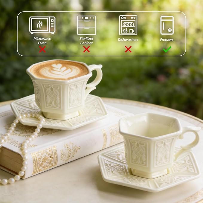 KAMMAK Tea Cups and Saucers Set of 2, Porcelain Coffee Cups, 6-Ounce Stackable Espresso Mugs, Ceramic Demitasse for Coffee, Latte, Americano, Tea, Retro Cream