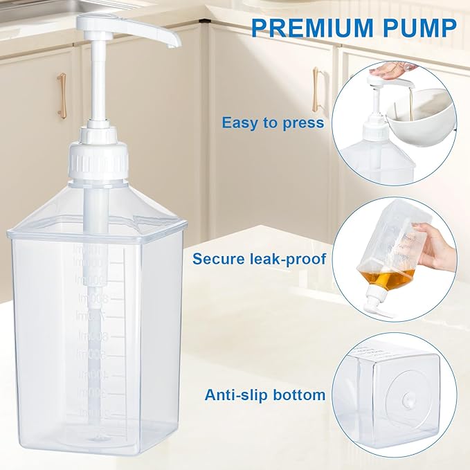 Uceoo Coffee Syrup Dispenser, Plastics Syrup Bottle With Plastic Pump, 37 Oz Large Capacity Square Syrup Pump Dispensers for Coffee Bar, Simple Pump Bottle for Honey, Condiments, Salad Dressings
