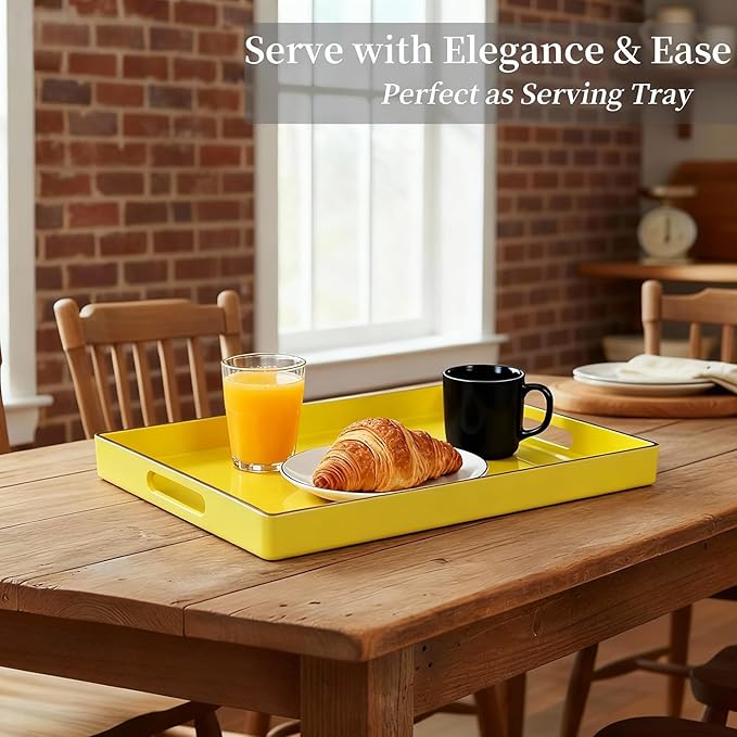 Zosenley Decorative Plastic Serving Tray with Handles, Modern Vanity Organizer for Bathroom, Kitchen, Ottoman and Coffee Table (Yellow, Rectangular)