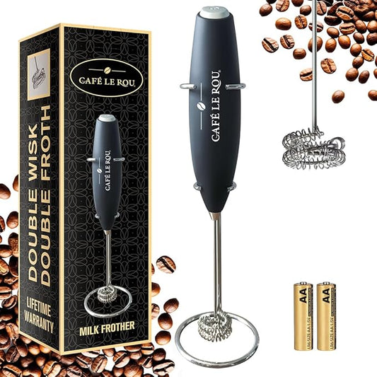 Cafe le Rou Milk Frother Handheld Battery Operated -* DOUBLE WHISK * with Stand. Batteries included. Electric Foam Maker, Drink Mixer with Stainless Steel Whisk