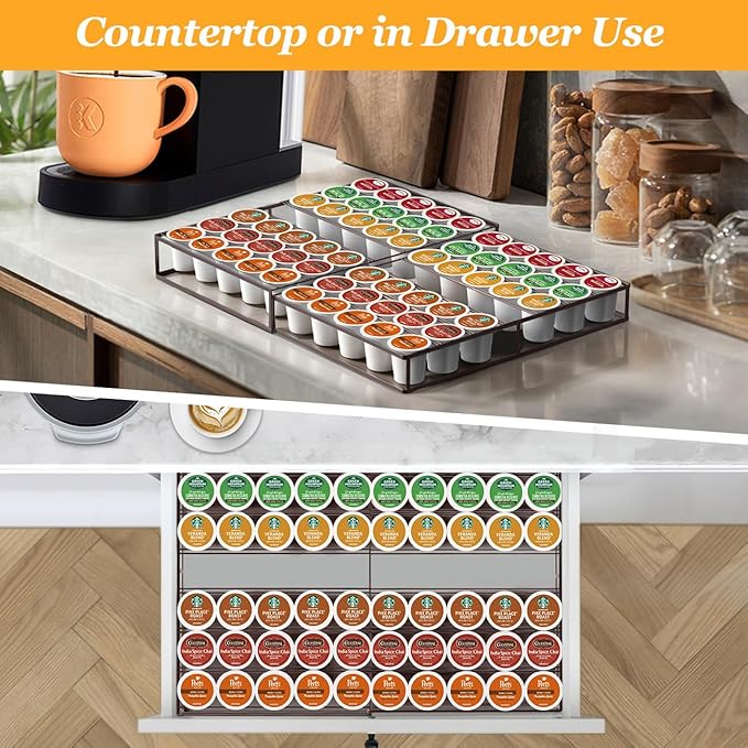 Coffee Pod Holder Drawer, Expandable K Cup Holder Compatible with Keurig K-Cup, K Cup Drawer Organizer Hold 30-60 Coffee Pod Storage for Coffee Station Office and Kitchen, Bronze