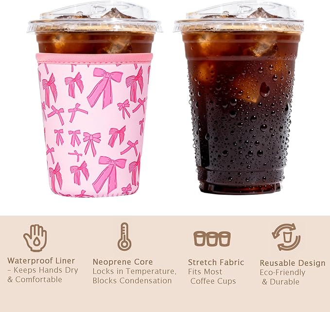 Reusable Insulated Sleeve for Iced Coffee Cup, Coffee Neoprene Sleeve for Cold & Hot Drinks, Beverage Holder for Iced Coffee (Pink Bows, Small: 16-18oz)