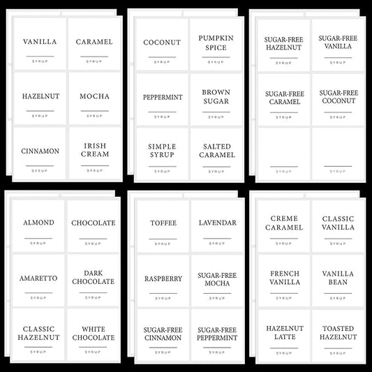 72PCS Coffee Syrup Labels for Coffee Bar,Waterproof Coffee Syrup Pump Stickers,White Coffee Syrup Dispenser Stickers for Glass Bottles(2.5"x2.5")
