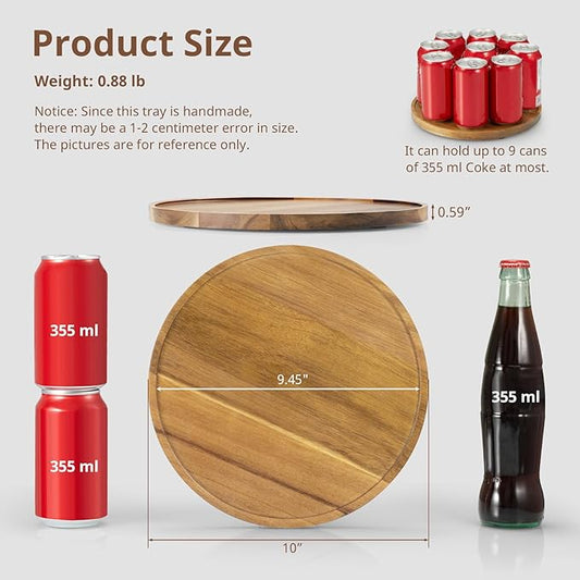 10 Inch Acacia Wood Round Tray, Wooden Decorative Coffee Table Tray Centerpiece Candle Holder for Farmhouse Kitchen Dining Room Home Bathroom Decor Coffee Table Decor and Accessories