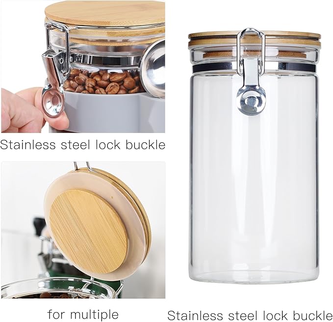 Airtight Clear Glass Coffee Bean Storage Container with Scoop,40oz (1200ML) Glass Jar Canister with Bamboo Clamp Lid for Whole Bean, Ground & Espresso - Perfect Jar for Kitchen Countertop & Coffee Bar