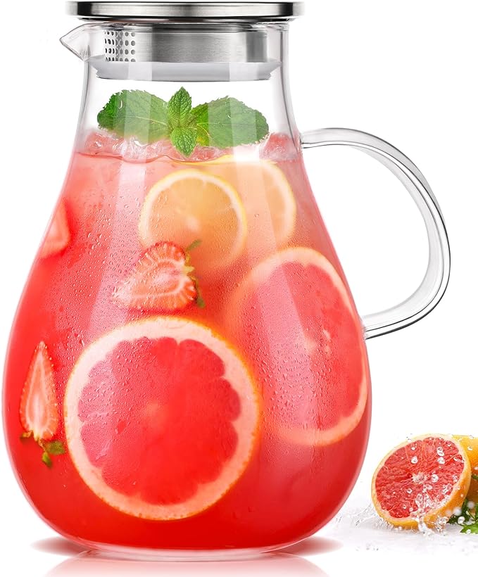 LUNA & MANTHA 1 Gallon Glass Pitcher with Lid, 128oz Glass Water Pitcher with Handle for Fridge, Borosilicate Large Water Jug, Iced Tea, Coffee and Sangria Hot/Cold Beverage (Extra-Wide Mouth)