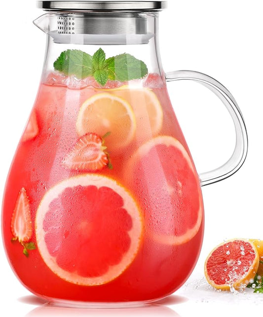LUNA & MANTHA 1 Gallon Glass Pitcher with Lid – 128oz Borosilicate Water Jug for Fridge