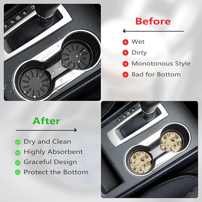 Car Cup Holder Coasters, 2 Pcs Ceramic Coasters with Finger Slot and Cork Back, Anti-Slip Shock Absorbing Women and Men Universal Car Accessories - Sailing