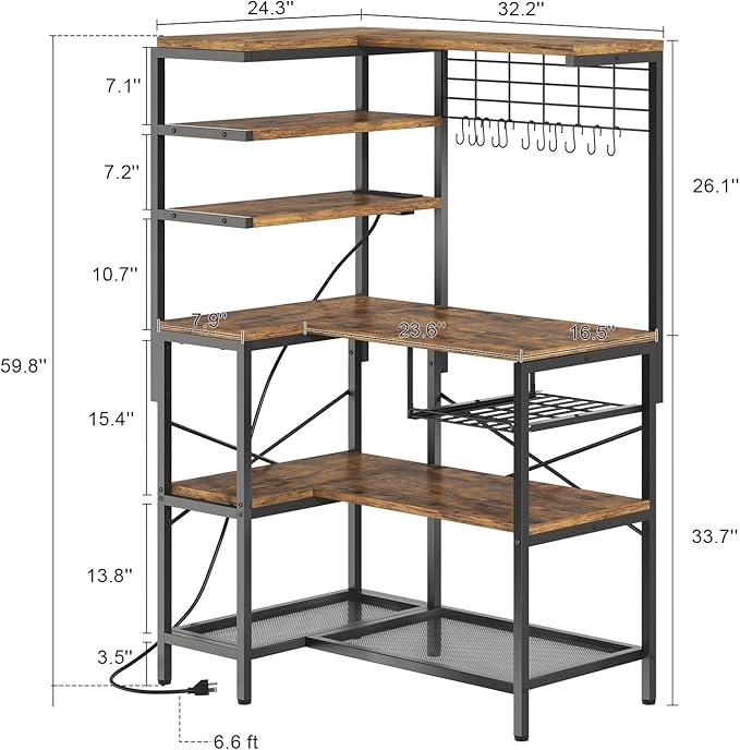 iabifo L-Shaped Bakers Rack with Power Outlet, 6-Tier Microwave Stand with Open Storage, Coffee Bar with Hooks, Mesh Grid, Kitchen Shelf with Wire Basket, Rustic Brown and Black