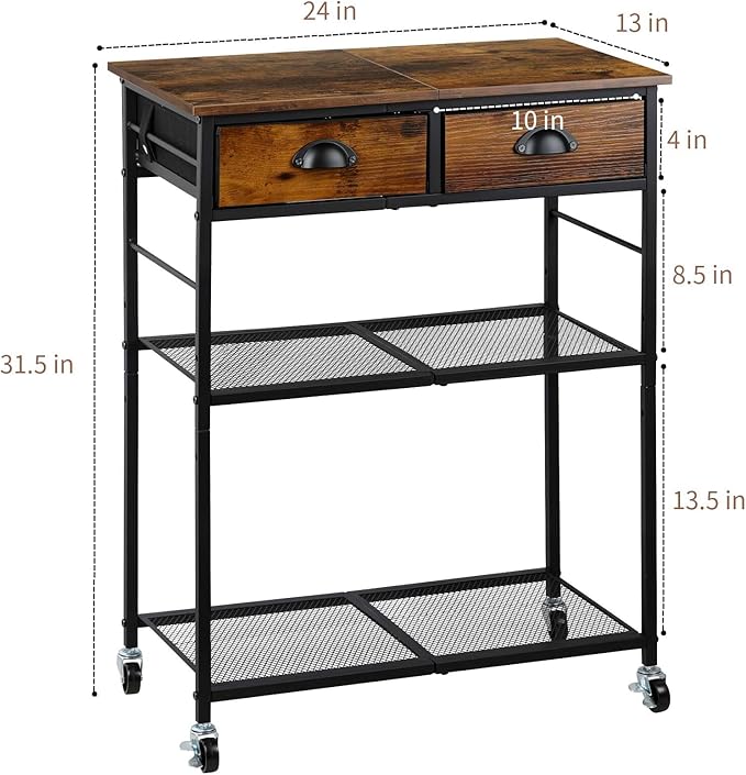 Rolling Coffee Cart with Storage Drawers, Small Coffee Bar Cabinet with Adjustable Shelf and Wheels, Retro Industrial Buffet Sideboard Cabinet for Kitchen, Office, Rustic Brown