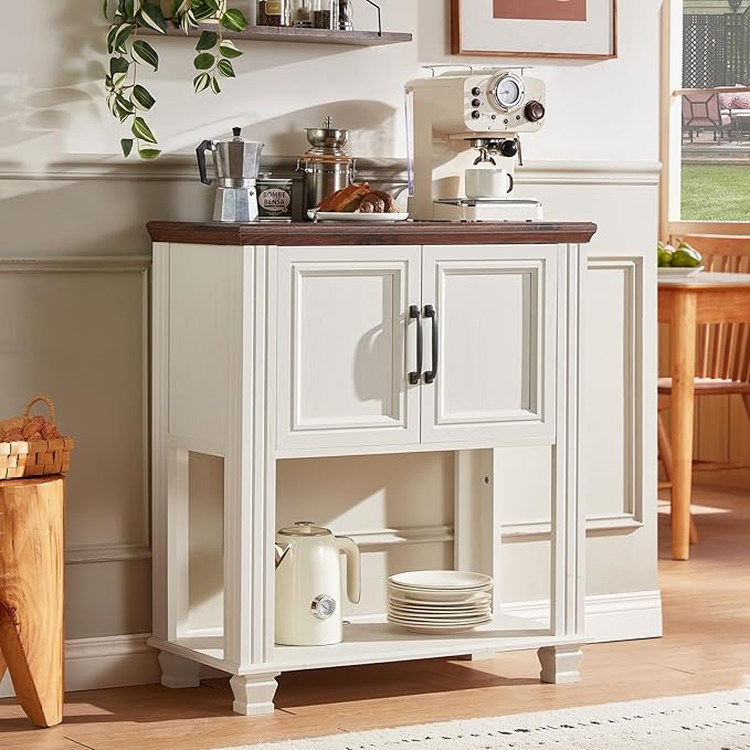 Farmhouse Coffee Bar Table with 2-Door Cabinet, Kitchen Storage Cabinets with Open Shelf, Coffee Station for Dining Room, Kitchen, Hallway, Living Room, White