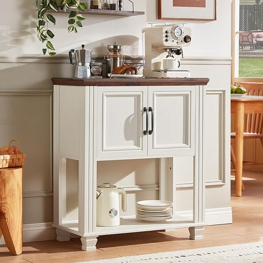 Farmhouse Coffee Bar Table with 2-Door Cabinet, Kitchen Storage Cabinets with Open Shelf, Coffee Station for Dining Room, Kitchen, Hallway, Living Room, White