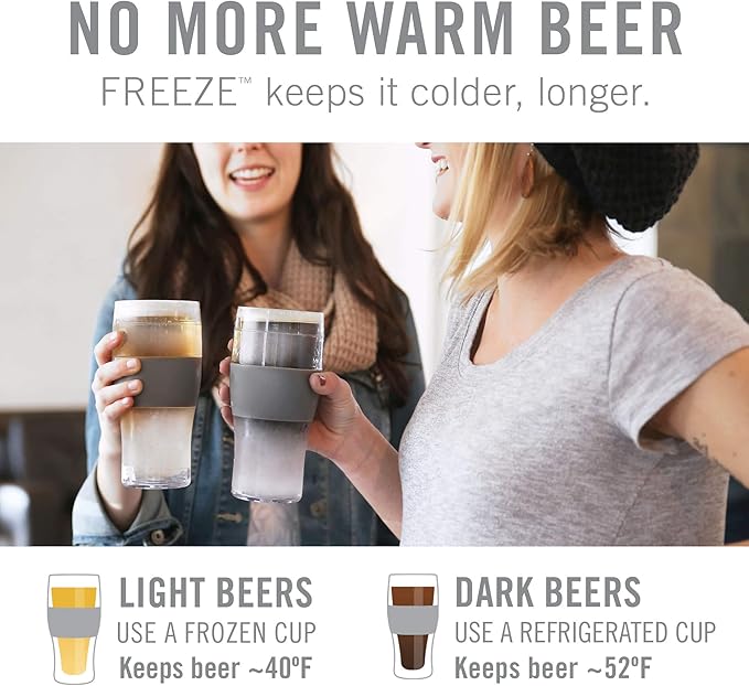 HOST Freeze Beer Glasses, 16 ounce Freezer Gel Chiller Double Wall Plastic Frozen Pint Glass, Set of 4, Black and Grey