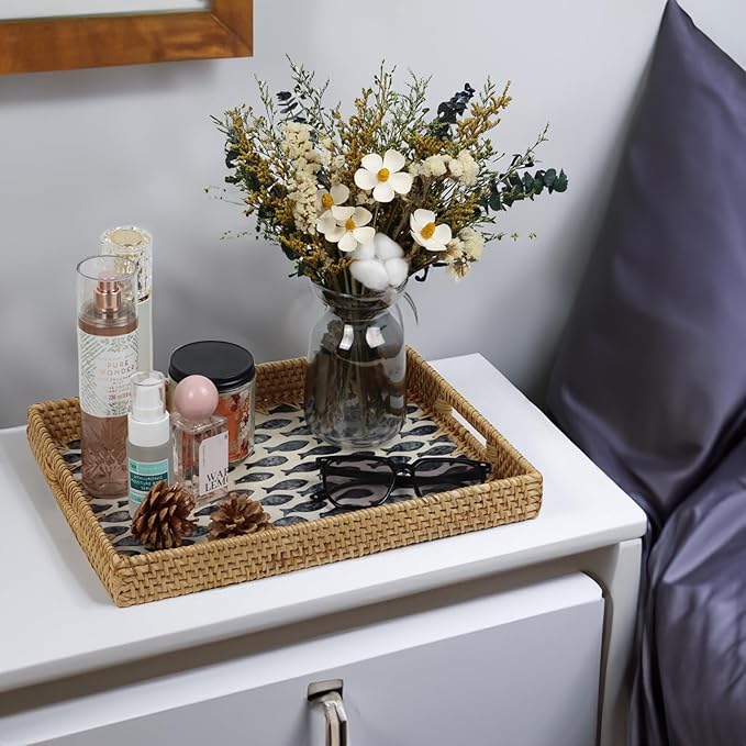 Rattan Serving Tray, Rectangle Coffee Table Tray with Mother of Pearl Inlay, Decorative Wicker Basket with Handle for Coffee, Bread, Fruits, Snacks, Table Decor (Black Fish)