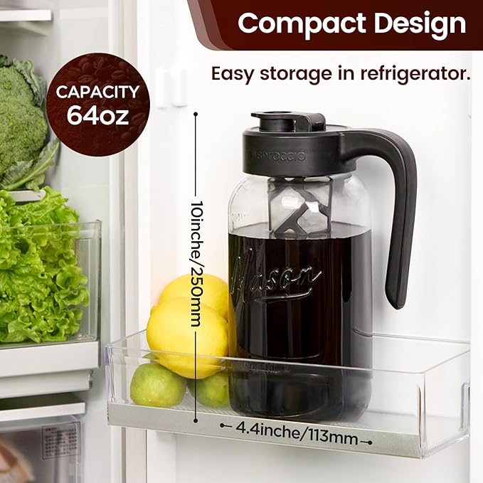 Spreccio Cold Brew Coffee Maker Glass, Airtight & Leakproof Mason Jar Pitcher with Cold Brew Filter, 64 oz Glass Pitcher with Lid for Iced Coffee, Lemonade, Ice Tea