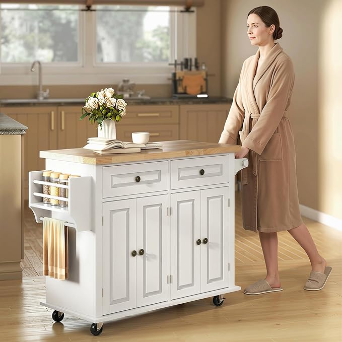 HOMCOM Kitchen Island Cart with Rubber Wood Top, Rolling Kitchen Island Table on Wheels with Drawers, Adjustable Shelves, Spice Rack and Towel Rack for Dining Room, White