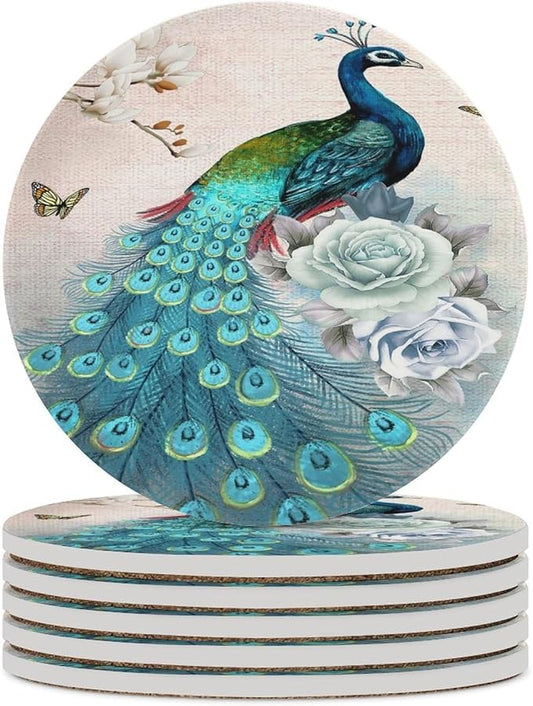Round-6PCS Peacock Drink Coasters, Round Modern Ceramic Absorbent Coasters, Vintage Tree Branch Beautiful Teal Peacock Floral Decor Desk Coffee Table Coaster for Beverage Cup Tea Coasters