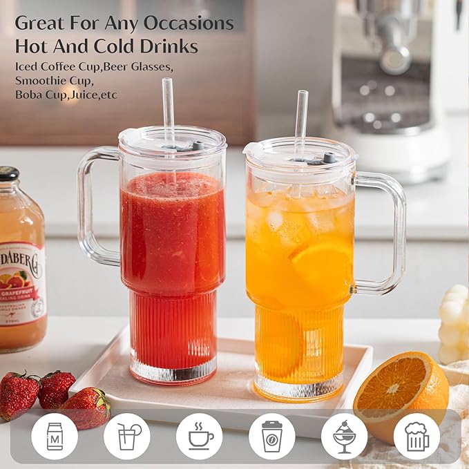 INSETLAN 26oz Glass Tumbler with Handle & Lid – 2-Pack Large Iced Coffee Cups with Straws, Modern Glass Mug for Cold & Hot Beverages, Aesthetic Glass Cups for Smoothies, Tea, and Juice