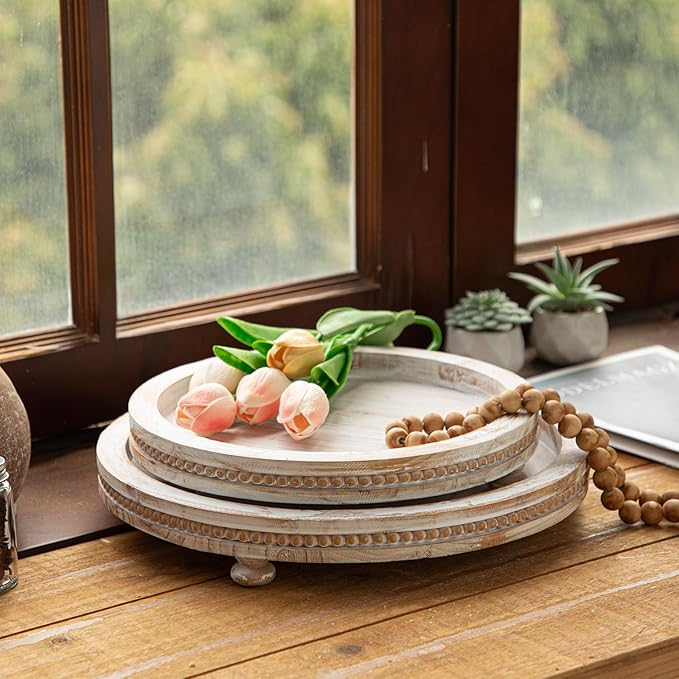 2 Piece Whitewashed Wooden Serving Tray Set with Beaded Design, Farmhouse Centerpiece Table Decorations, Round Coffee Table Tray for Living Room Home Decor, Ottoman Tray Decor for Rustic Styles
