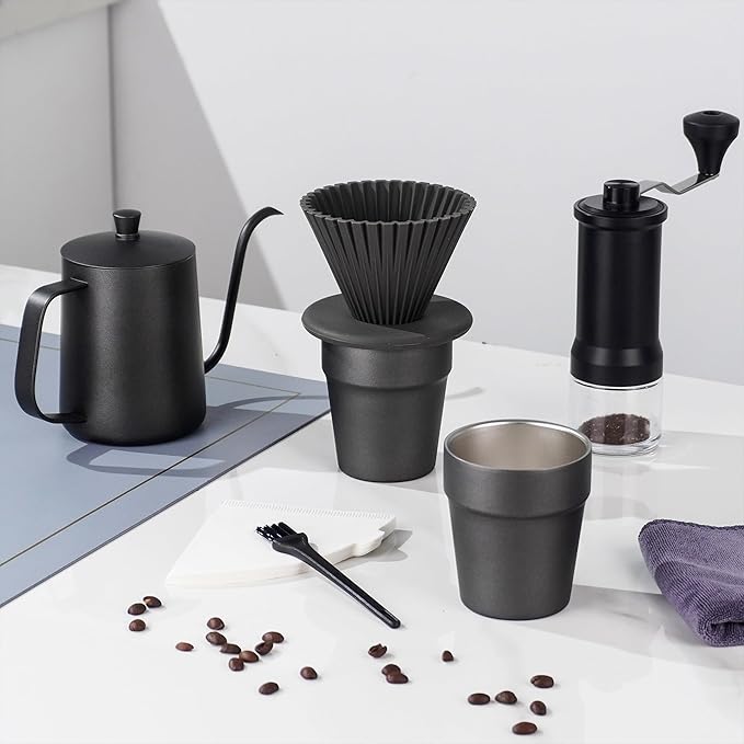 9-Piece Pour Over Coffee Set, Travel Camping Coffee Maker Kit with SS Kettle & Grinder, Hand Drip Gear for Outdoor Home, 2025 Holiday Gift