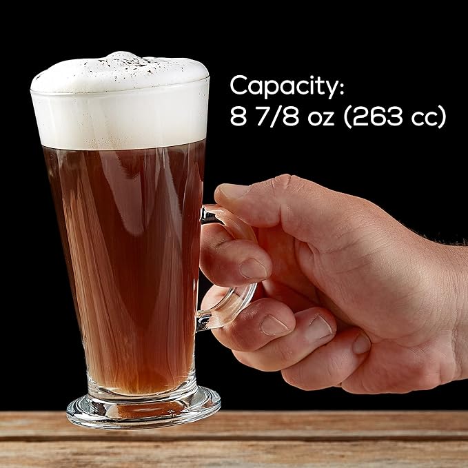 Crystalia Irish Coffee Glasses Set of 2, Latte Mugs with Handle, Clear Tall Glasses for Iced Coffee, Latte, Cappuccino, Hot Chocolate, and Hot Toddy (Small 9 oz)