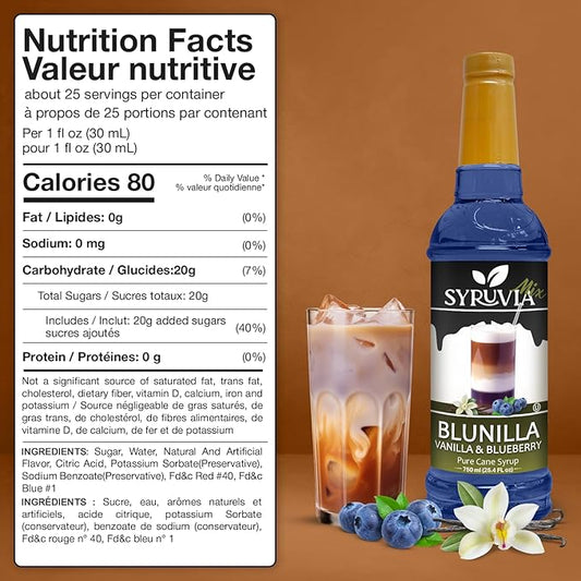 Syruvia BLUNILLA Coffee Syrup Vanilla Blueberry - 25.4 fl oz - Kosher Syrups, Gluten Free With Pump