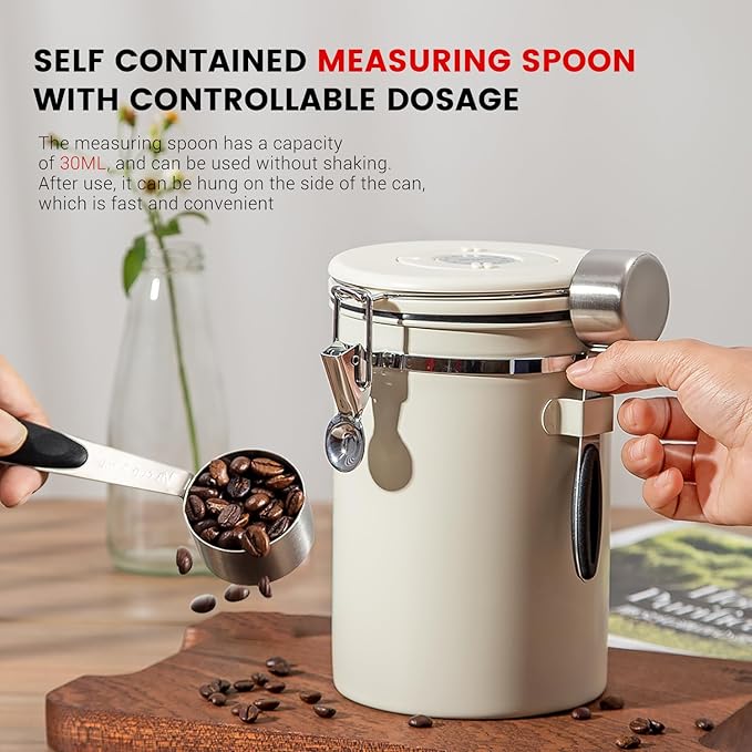 Airtight Coffee Container with Date Tracker & Spoon - Kitchen Storage Jar for Coffee Grounds, Cereal, Beans, Sugar (Beige, 16OZ)