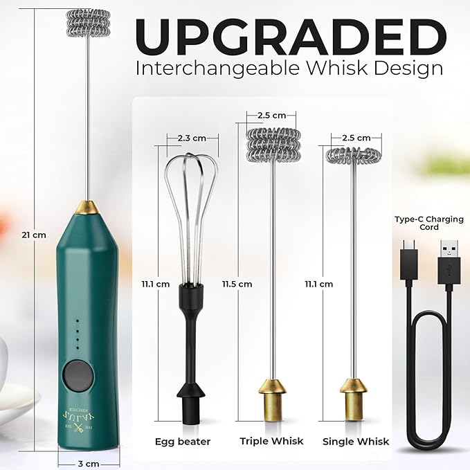 Zulay Kitchen Rechargeable Milk Frother - Dynamic - 3 Speeds, 3 Whisk Attachments, 500 mAh USB Charging, Drink Mixer For Latte, Cappuccino, Matcha, Protein Powder, Coffee Foam - Green Gold