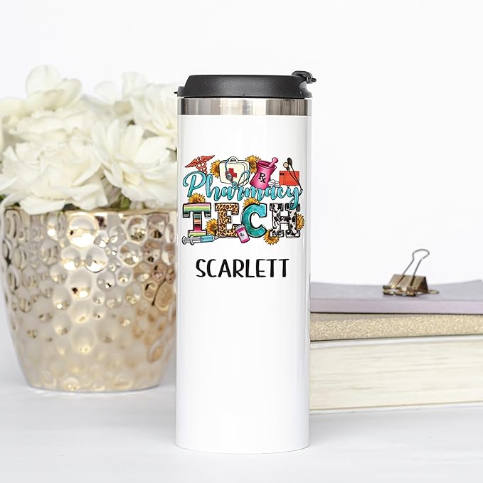 Skinny 14oz Gift for Pharmacist, Color Sublimated Coffee Mug for Pharmacist, Gift With Lid for Office Staff Team, RX, CPhT, Vinyl, Appreciation Gift for Staff Team, Vacuum Insulated SS Mug