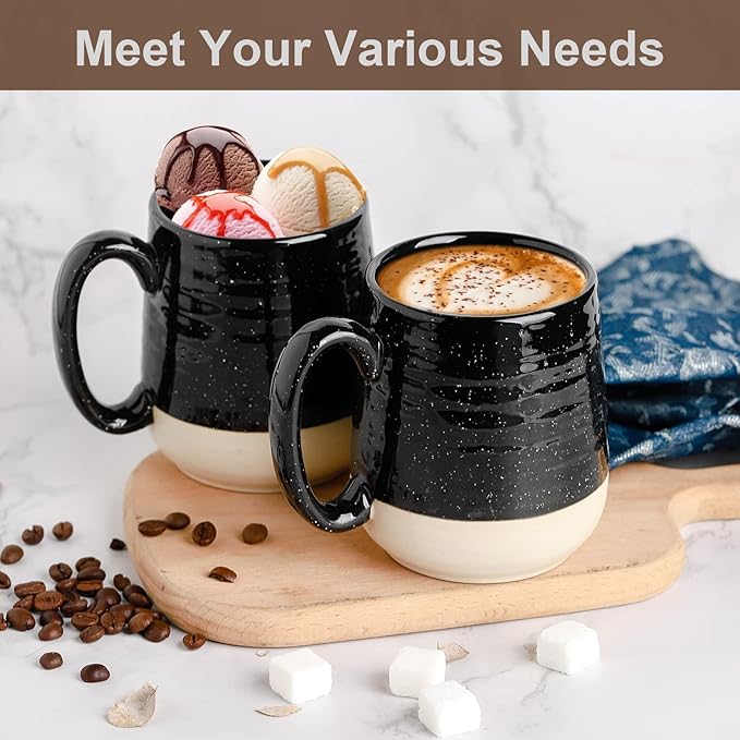 HASENSE Coffee Mugs Set of 4, 15 Ounce Ceramic Coffee Cups with Handles, Porcelain Large Latte Mug for Coffee Cappuccino Tea, Black Mugs for Men, Women Christmas Holiday Gift