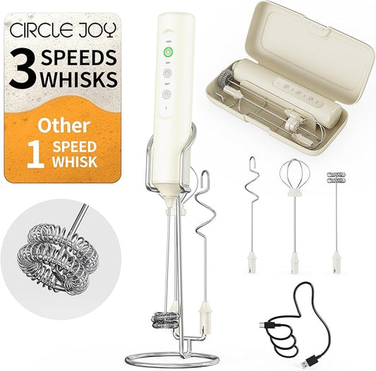 CIRCLE JOY Rechargeable Handheld Milk Frother Wand with Stand, 3 Variable Speeds, 3 Whisks and Storage Box, Electric Drink Mixer for Latte, Cappuccino, Hot Chocolate, Eggs and Protein Powder, Beige