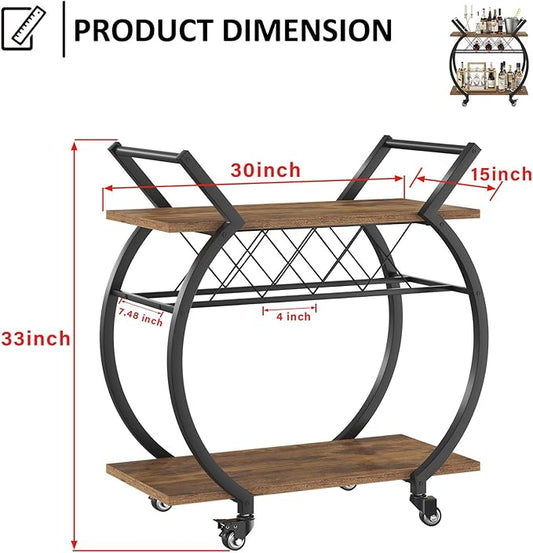LVB Industrial Kitchen Bar Cart, Farmhouse Beverage Serving Liquor Cart with Wheels, Wood and Metal Rolling Wine Cart with Storage Shelf, Microwave Drink Cart for Home Living Dining Room, Rustic Brown