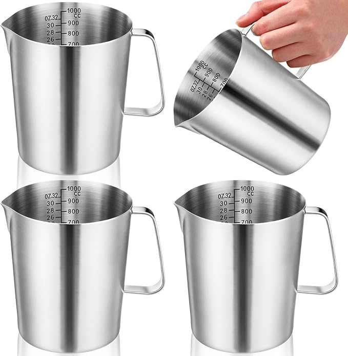 4 Pcs Stainless Steel Pitcher with Handle and Pour Lip 33.8 Oz, 1000 Ml, 4 Cup Metal Liquid Measuring Cup Measuring Jug Milk Frothing Pitcher for Milk Latte Art Water Pouring