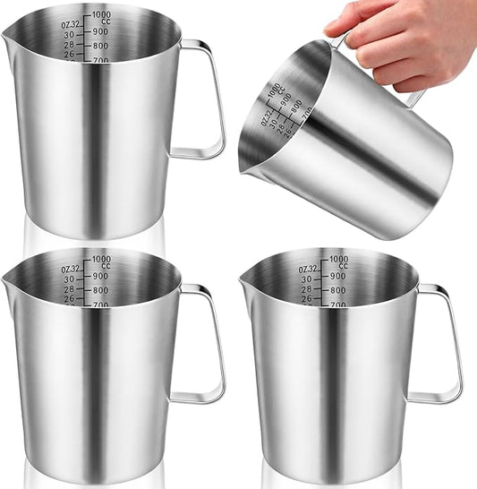 4 Pcs Stainless Steel Pitcher with Handle and Pour Lip 33.8 Oz, 1000 Ml, 4 Cup Metal Liquid Measuring Cup Measuring Jug Milk Frothing Pitcher for Milk Latte Art Water Pouring