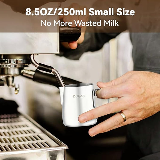 Dailyart Milk Frothing Pitcher 8.5OZ/250ml - 304 Stainless Steel Milk Frother Cup with Special Dripless Spout and Scale, Espresso Machine Accessories, Milk Steaming Pitcher for Cappuccino, Latte Art