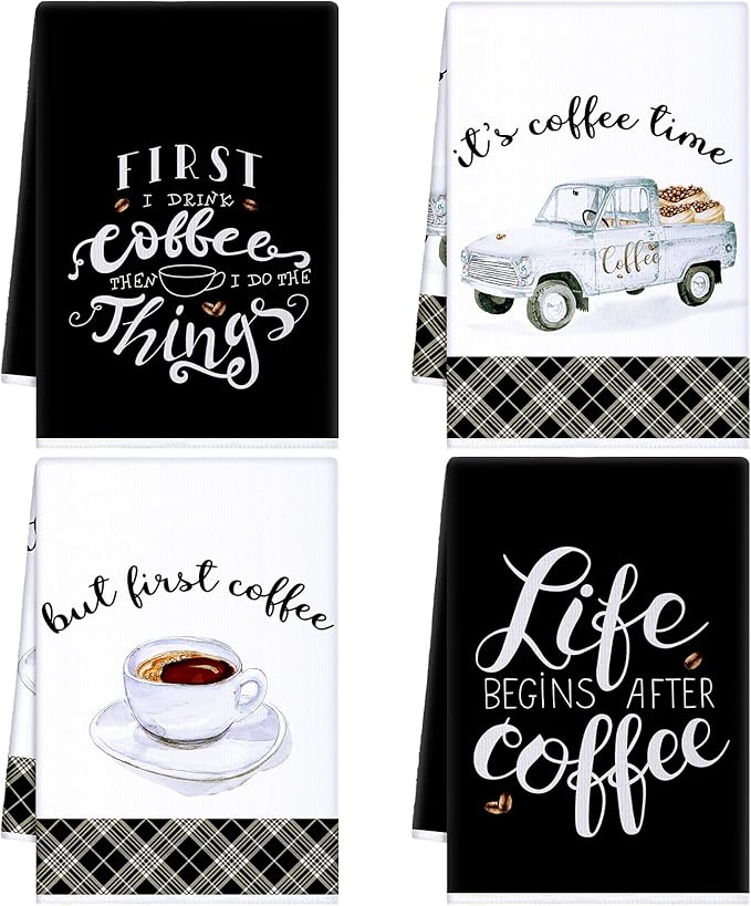 Ferraycle 4 Pieces Kitchen Dish Cloths Coffee Kitchen Hand Towels Absorbent Tea Towels 24 x 16 Inches, Cafe Lover Gift Bar Decorative Dish Cloths Rags, for Farmhouse(Mainly Black,Truck Style)