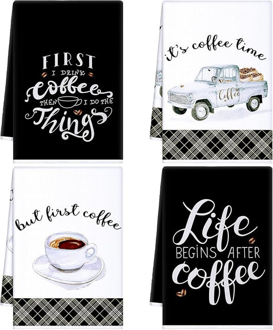 Ferraycle 4 Pieces Kitchen Dish Cloths Coffee Kitchen Hand Towels Absorbent Tea Towels 24 x 16 Inches, Cafe Lover Gift Bar Decorative Dish Cloths Rags, for Farmhouse(Mainly Black,Truck Style)