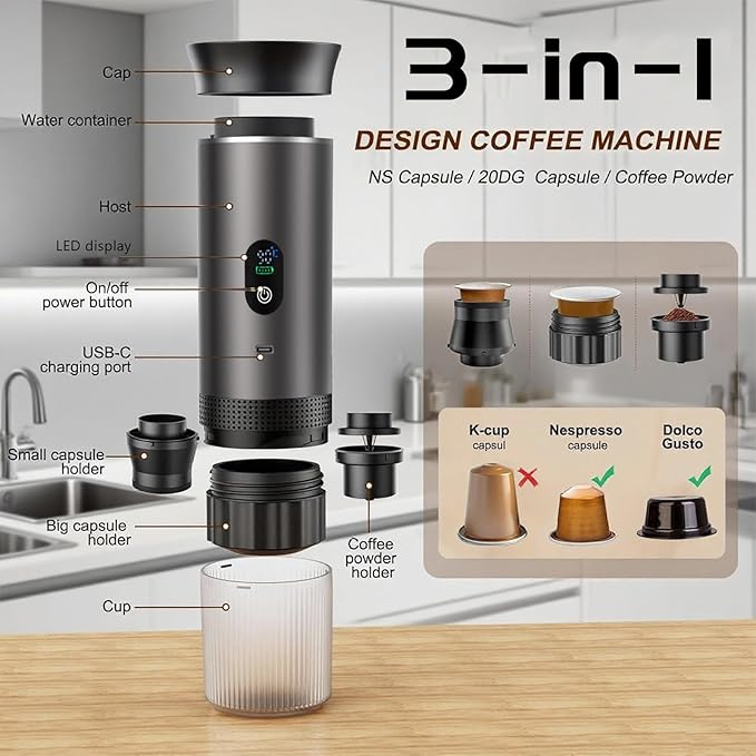 3-in-1 Portable Espresso Machine for Travel & Camping- 20 Bar Self-Heating Portable Coffee Maker with USB-C LED Display Car Coffee Maker, Compatible with Grounds&Capsules(Ns&DG) for RV, Hiking, Office