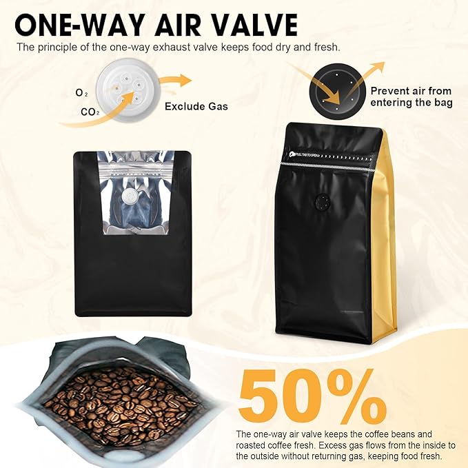 Coffee Bags with Valve(60pcs,16oz,1lb) Vented Coffee Beans Packaging Bags High Barrier Aluminumed Foil Flat Bottom Heat Sealed Side Zipper Resealable Storage Bag for Home or Business（Black+Gold）