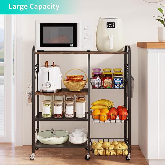 HapiRm Rolling Kitchen Microwave Cart - 4 Tier Microwave Table Stand with Pull-Out Baskets, Coffee Bar Baker's Rack with Wheels Rolling Storage Cart Organizer Shelf for Living Room Office, Balcony