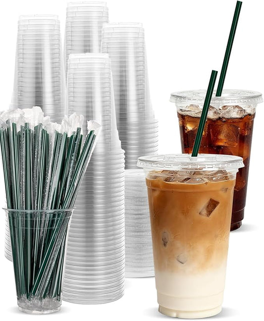 Goodluck 100 Pack 20oz Plastic Cups with Lids and Green Straws, Clear Disposable Iced Coffee Cups, Food Safe Cold Drink Cups for Bubble Tea, Smoothies & Shakes, BPA Free