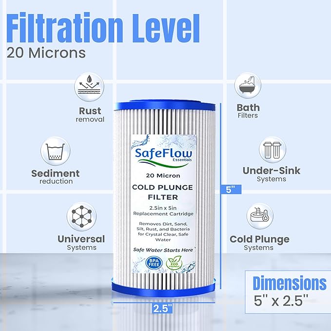SafeFlow Essentials 5" x 2.5" Cold Plunge Filter 20 Micron – Fits The Pod Ice Cold Plunge Water Chiller, Cold Plunge Filters, and Under Kitchen Sink Systems (8)