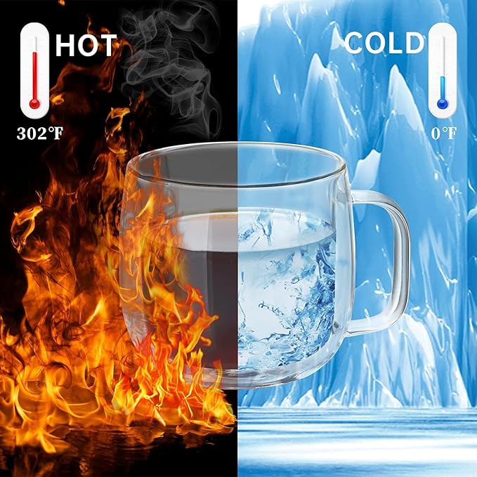 Unbreakable Double Walled Glass Coffee Mugs 10 fl oz, Microwave & Refrigerator Safe, Borosilicate Glass Insulated Coffee Mugs Set of 2 for Espresso, Cappuccino, Latte, Americano, Tea, Beverage