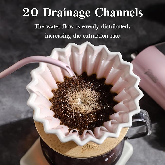 Bincoo 500ML Pour Over Coffee Maker Set with Filter Paper,Ceramic Coffee Dripper with Wood Stand Set for 1-2 Cups-Professional Brewing Tools for Pour Over & Drip for Home Office (Pink)