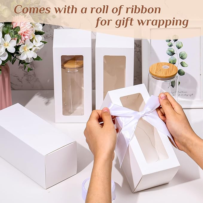 Honoson 24 Pcs Tumbler Gift Box with Ribbon for Sublimation Glass Exhibition Boxes Transparent for 12oz 16oz 20oz Drinking Cup Glasses Jars Mug Can Blanks (White)