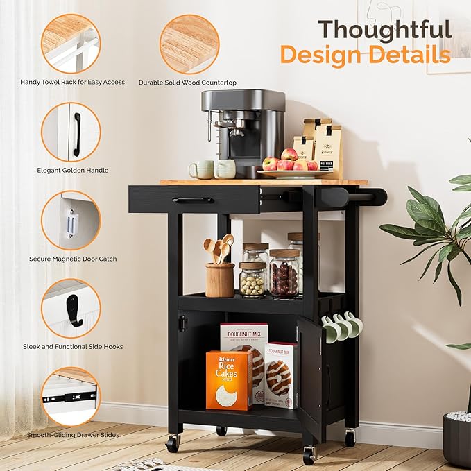 VINGLI Small Kitchen Island Cart on Wheels with Storage, Rolling Kitchen Island with 1 Drawer & 1 Shelf, Towel Rack & Cabinet, Kitchen Island Cart with Storage, Black