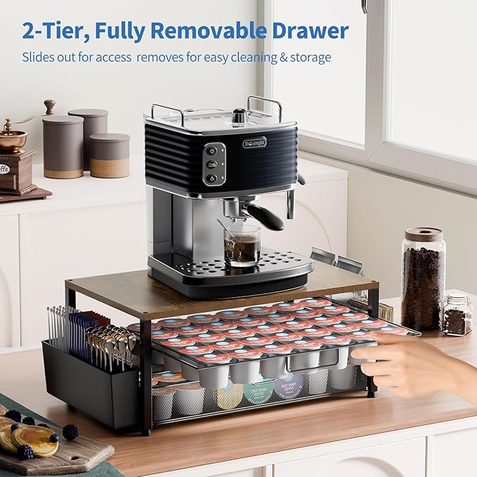 K Cup Holder Organizer, 2-Tier Coffee Pod Holder for 63 Large/80 Small Capsules with Storage Drawer & 2 Accessory Holders, Kcup Organizer for Countertop Coffee Station in Kitchen, Office, Coffee Bar